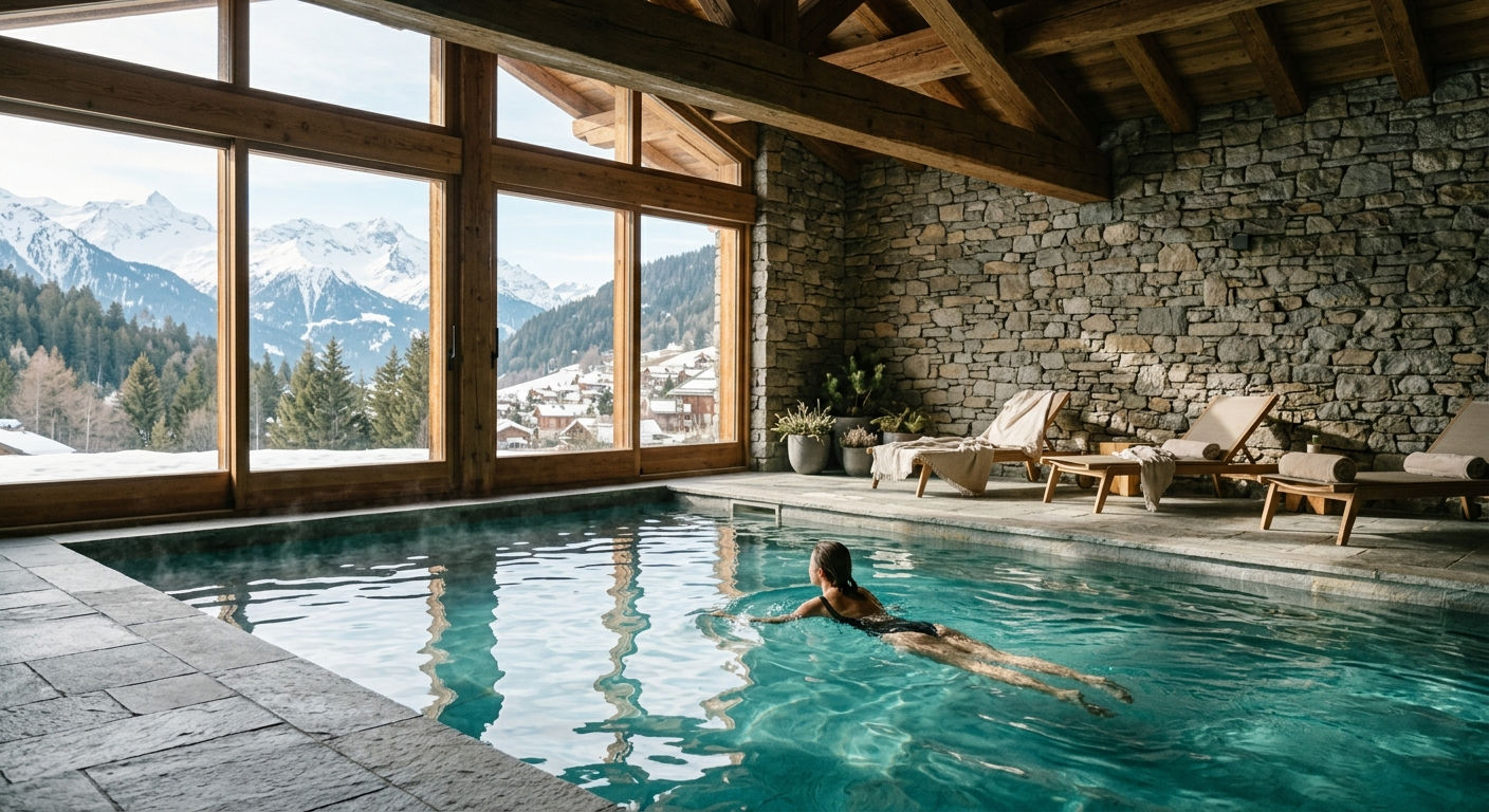 An indoor swimming pool inside a luxury alpine chalet spa with mountain views through large windows