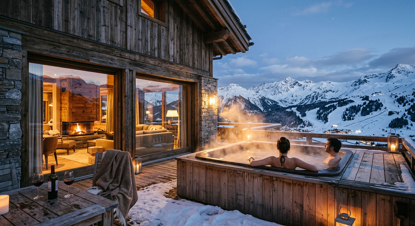 A catered chalet terrace in Courchevel 1850 at dusk with a private hot tub overlooking snow-covered pistes