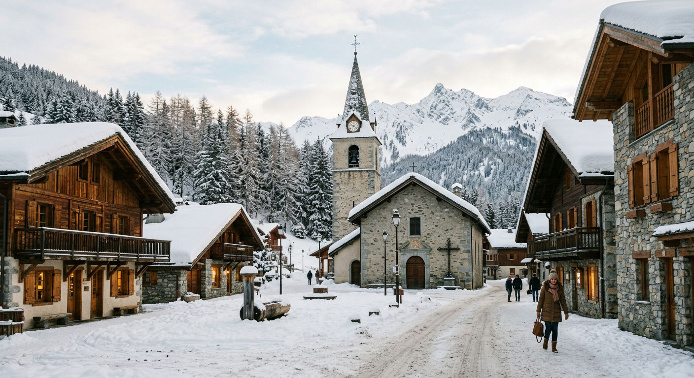 The traditional alpine village of Le Praz near Courchevel in winter with stone buildings and snow-covered roofs