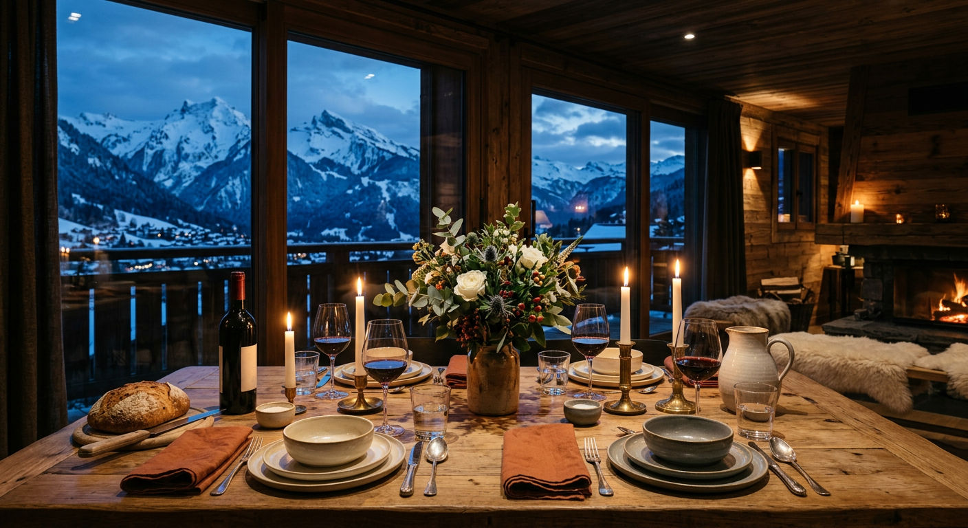 A catered Alpine chalet dining table set for evening service with mountain views through large windows