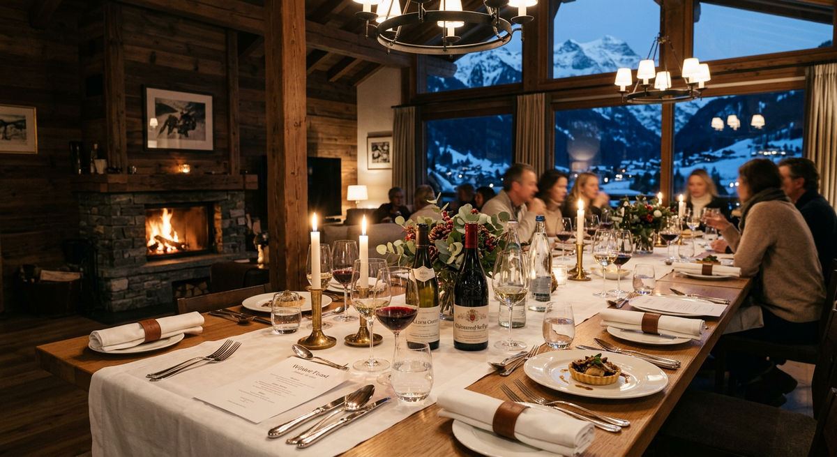 An elegant catered chalet dining table set for evening service with candlelight and wine
