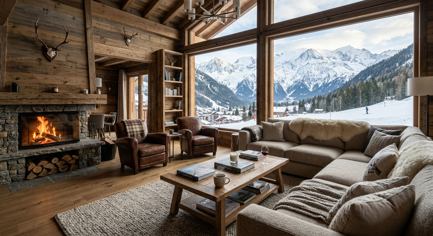 Interior of a luxury ski chalet with floor-to-ceiling windows overlooking snowy mountains and a stone fireplace