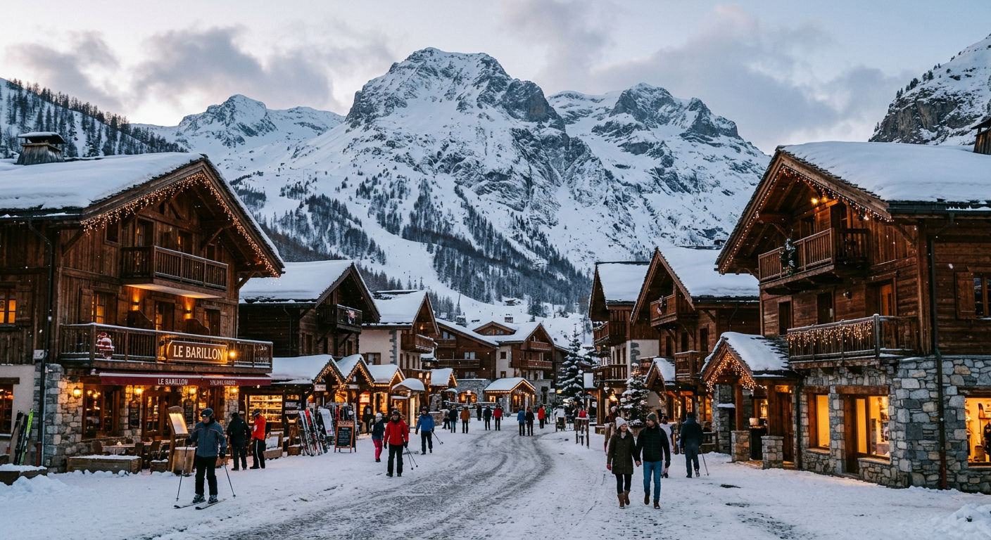 Snow-covered chalets in Val d'Isère village with the Bellevarde mountain face rising behind