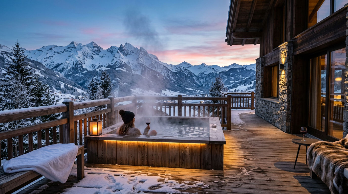 Hot tub on a wooden terrace of a ski chalet at dusk with steam rising against snow-covered alpine peaks