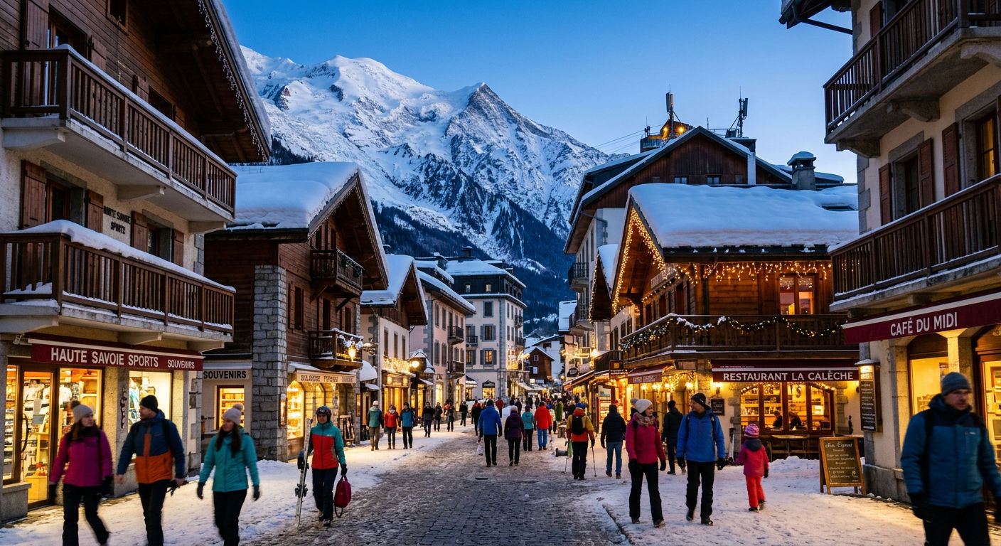 Chamonix town centre in winter with snow-covered rooftops, warm shop lights, and the Aiguille du Midi visible in the background