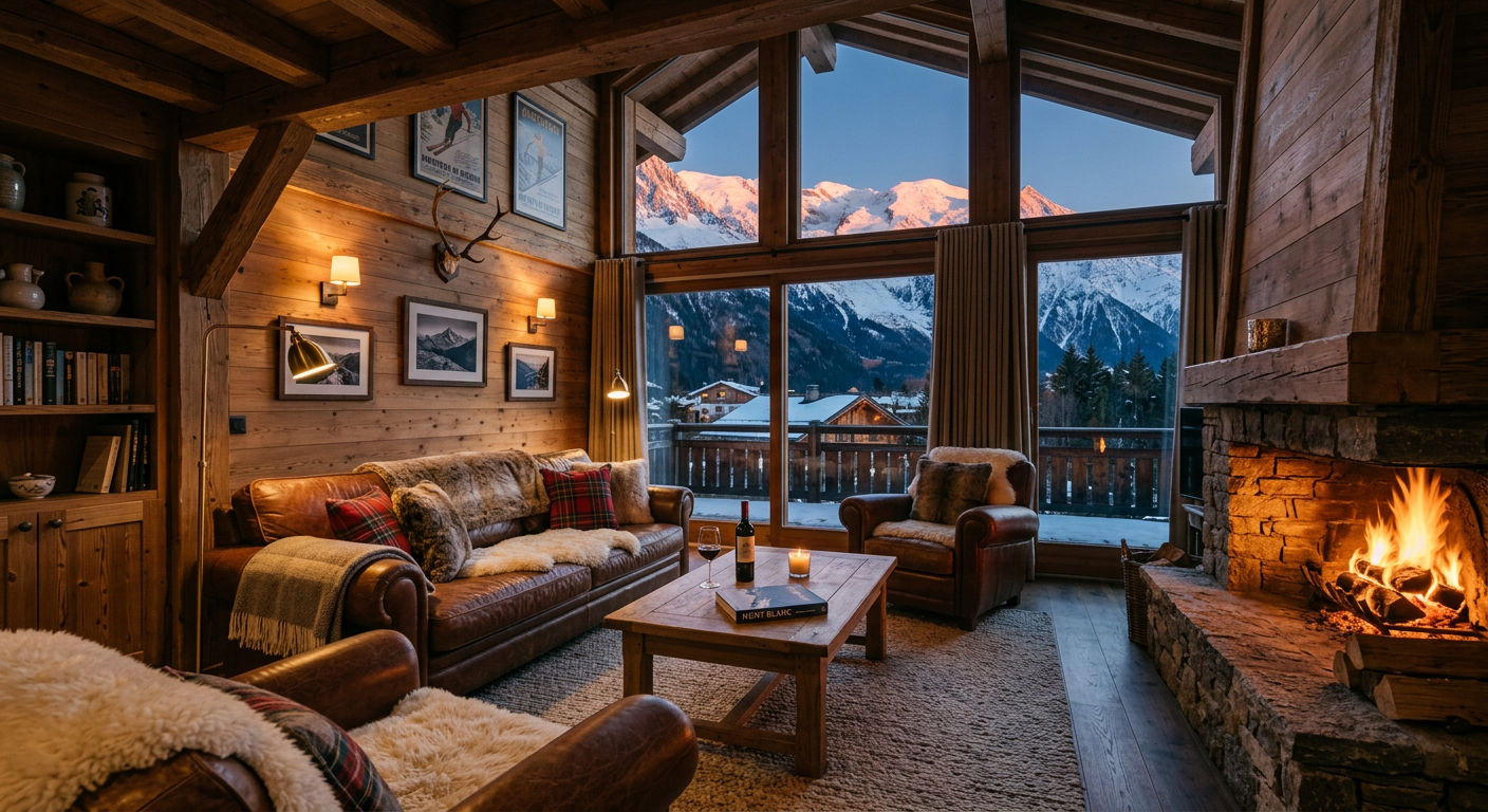 Interior of a luxury alpine chalet with stone fireplace, warm wood panelling, and mountain views through large windows