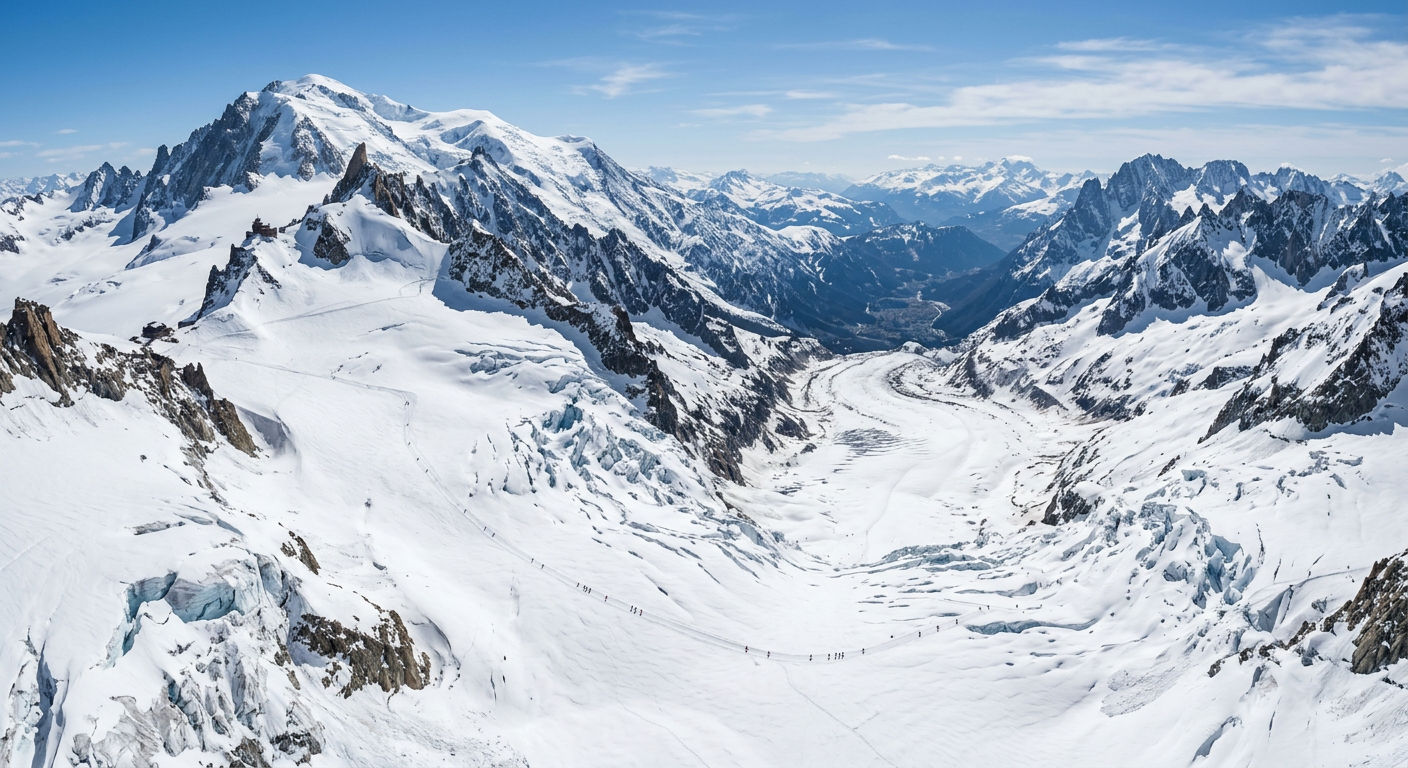 The Vallée Blanche glacial descent with skiers traversing the vast white glacier beneath the Aiguille du Midi