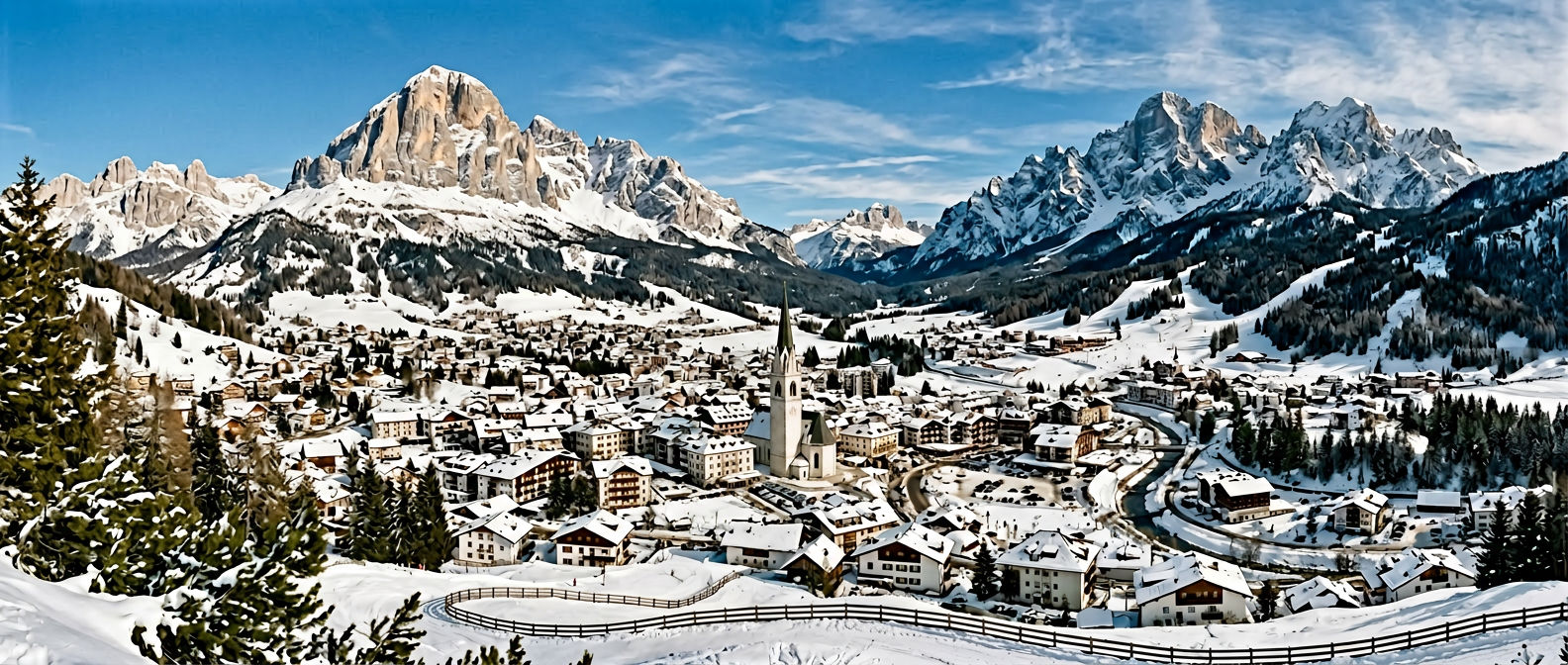 Cortina d'Ampezzo town nestled in the Ampezzo Valley with the distinctive towers of the Dolomites rising behind it on a clear winter morning