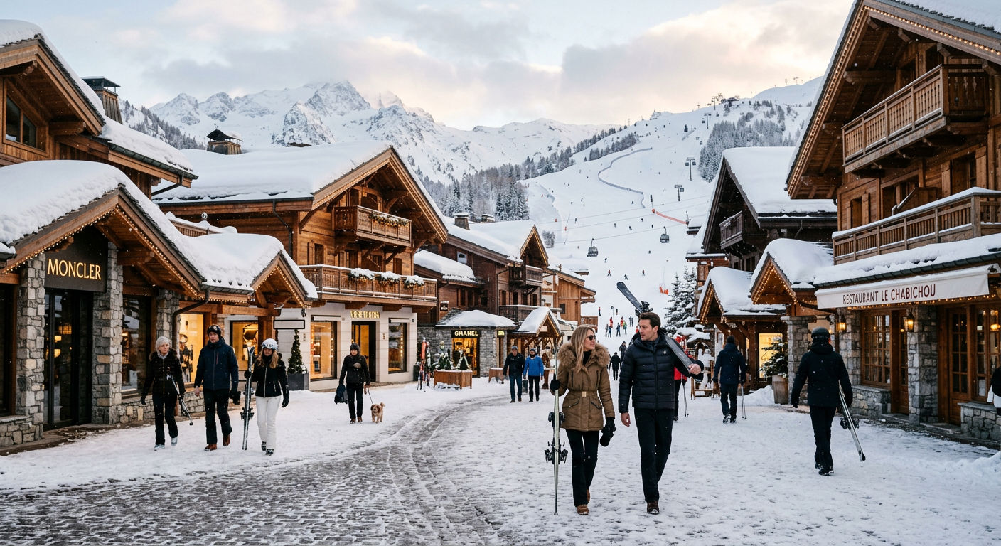 The village centre of Courchevel 1850 with slope-side chalets and snow-dusted rooftops against an alpine backdrop