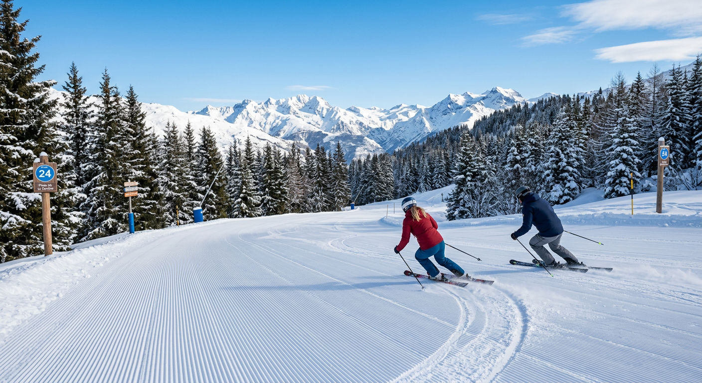 Freshly groomed pistes cutting through alpine forest on a clear morning in the Courchevel ski area
