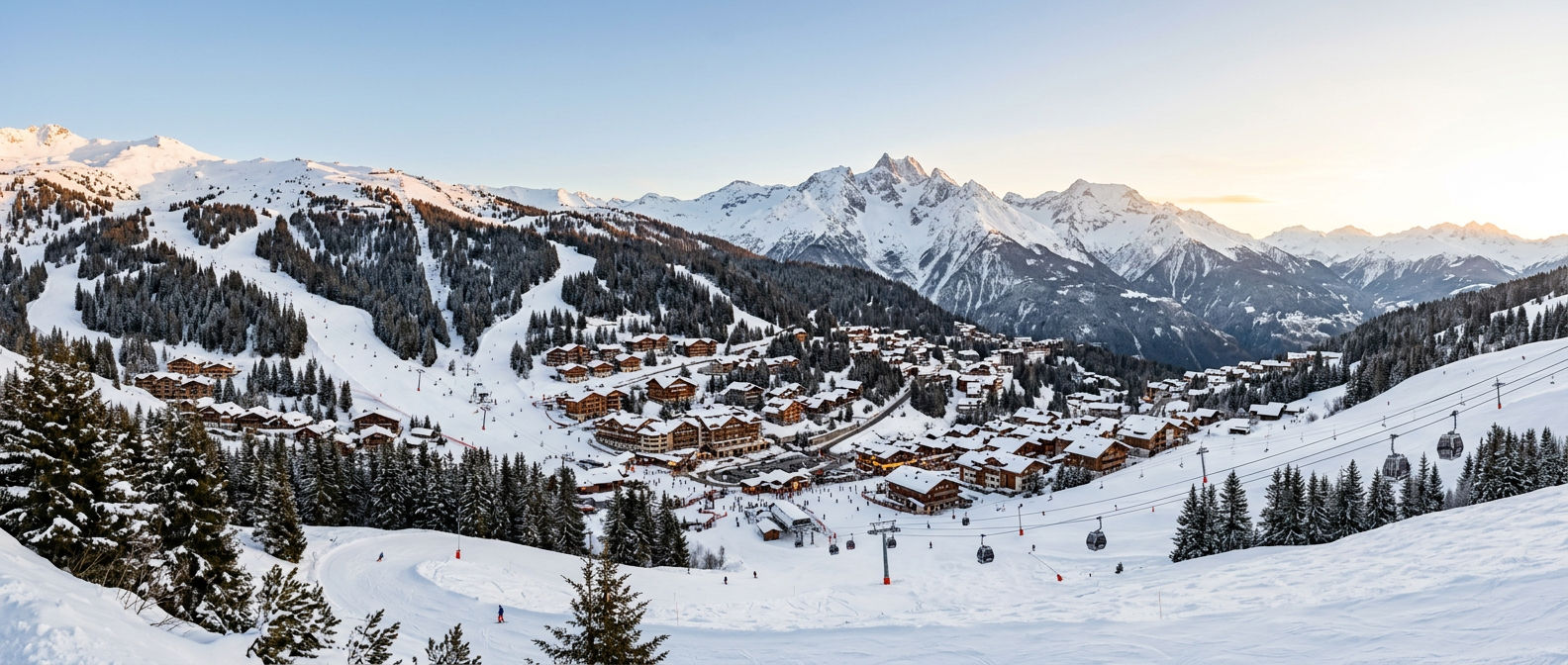 Snow-covered pistes winding through pine forests above Courchevel with the Three Valleys peaks visible in the distance
