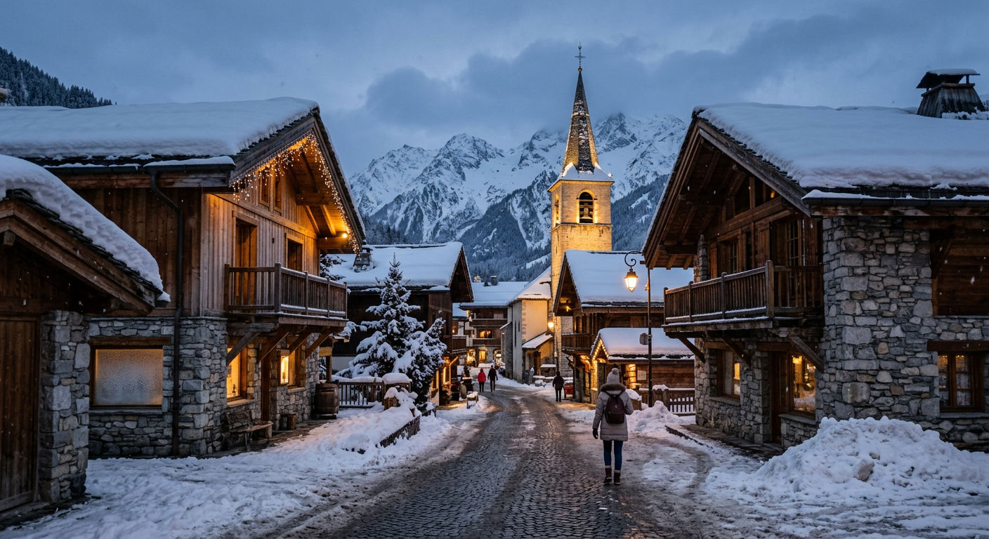 The traditional Savoyard village of Le Praz with its stone-built houses and church spire beneath forested slopes