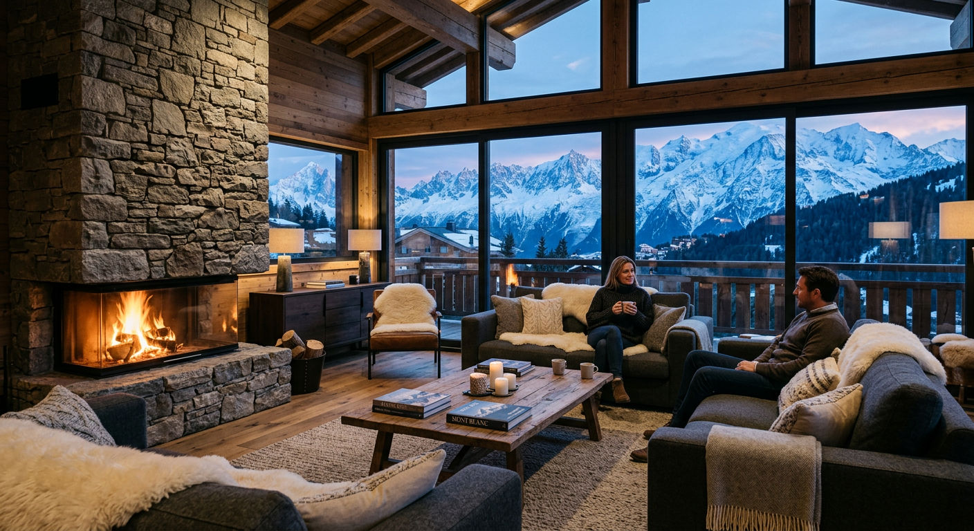A refined chalet living space with floor-to-ceiling windows framing a mountain panorama