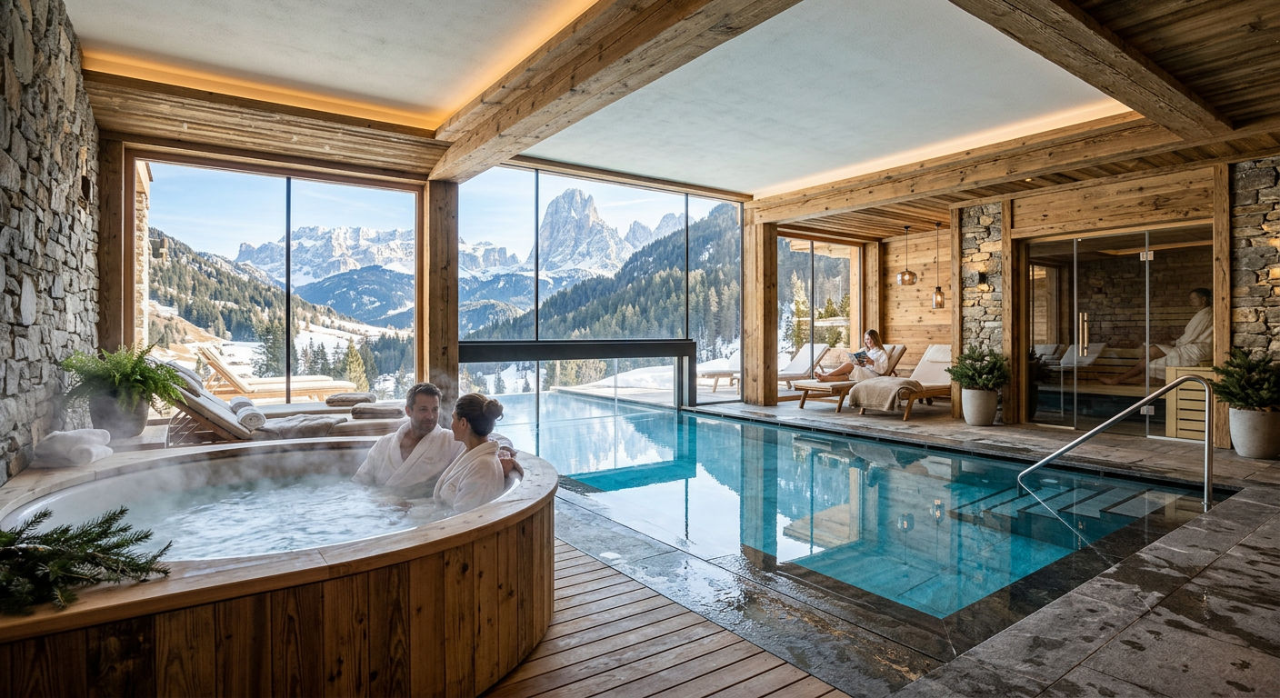 Spa and wellness area in a Courmayeur hotel with indoor pool and mountain views through large windows