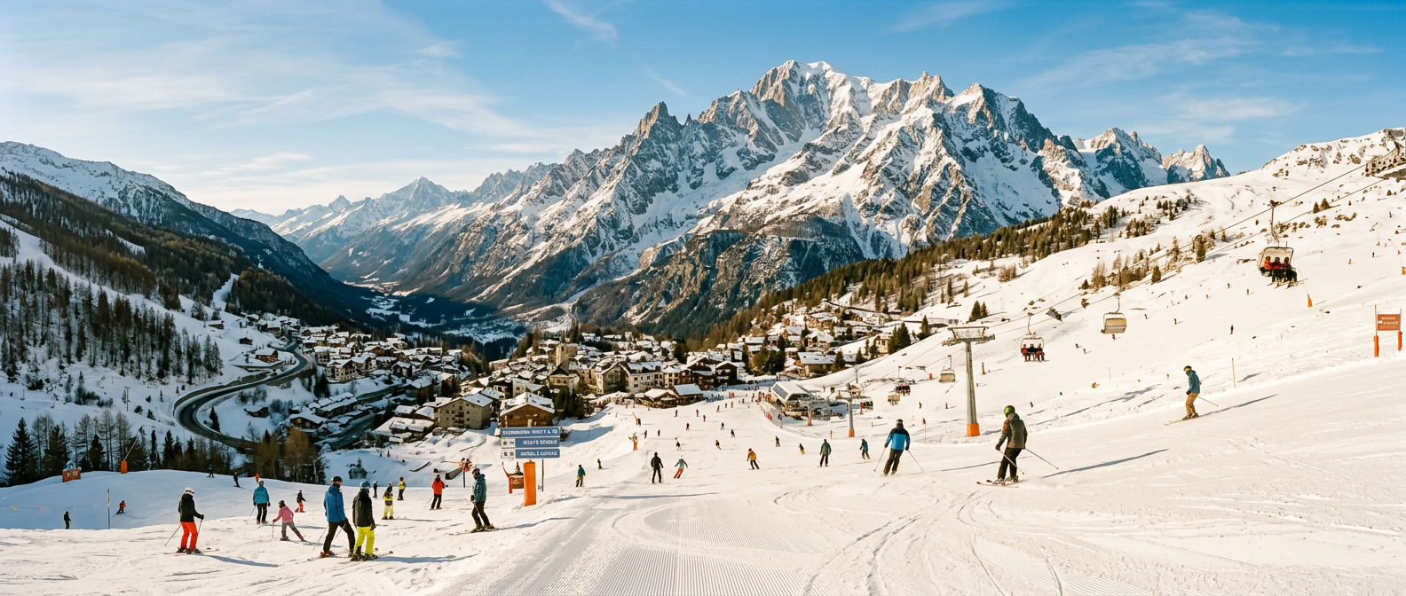 View across Courmayeur's pistes towards the Mont Blanc massif on a clear winter day