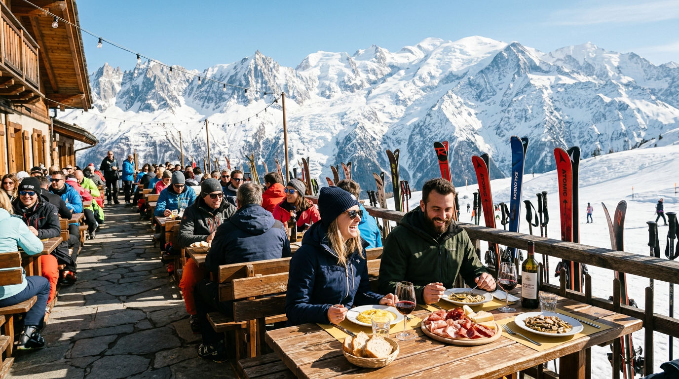 Diners enjoying lunch on a sunlit mountain restaurant terrace with Mont Blanc views in Courmayeur