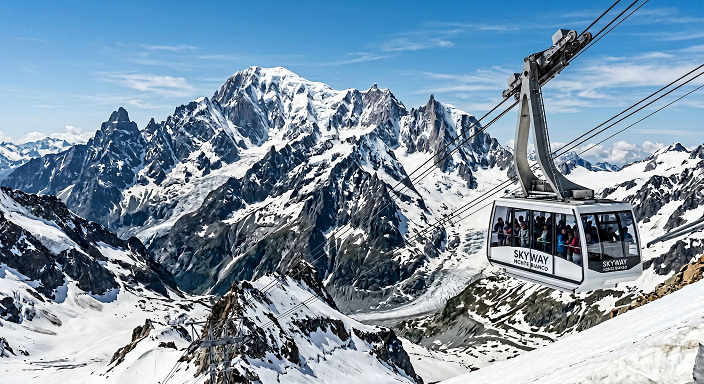 The SkyWay Monte Bianco cable car ascending above snow-covered peaks towards Pointe Helbronner