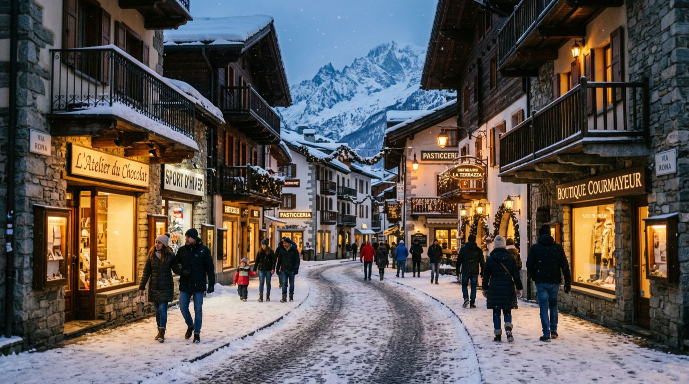 The pedestrian Via Roma in Courmayeur on a winter evening, stone buildings glowing with warm light