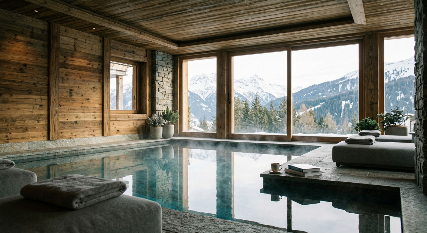 A luxury chalet spa with indoor pool and floor-to-ceiling windows overlooking the Swiss Alps