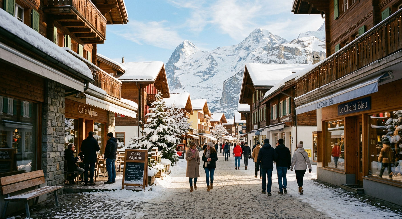The promenade through Crans-Montana with boutiques, cafés, and mountain views in the background