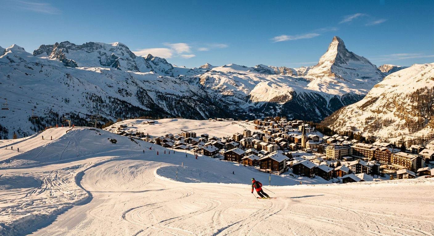 Sunny ski slopes above Crans-Montana with panoramic views across the Rhône Valley to the Bernese Alps