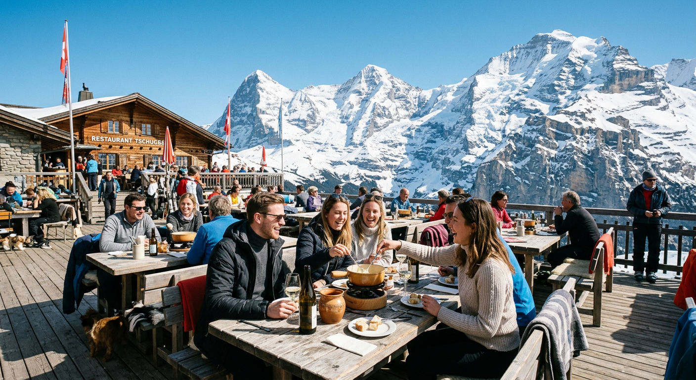 Sun terrace at a mountain restaurant with fondue and panoramic views of the Swiss Alps