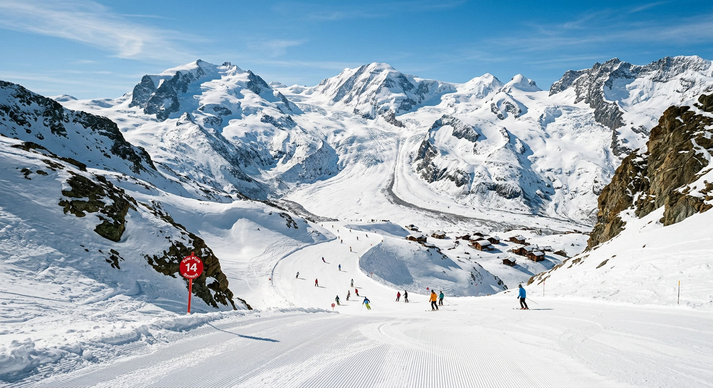 A wide groomed red piste winding down through the Crans-Montana ski area with the Plaine Morte glacier visible above