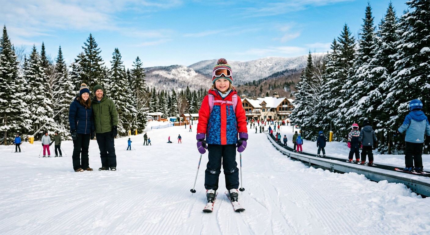 Young child in ski gear at the top of a beginner slope with parents watching nearby