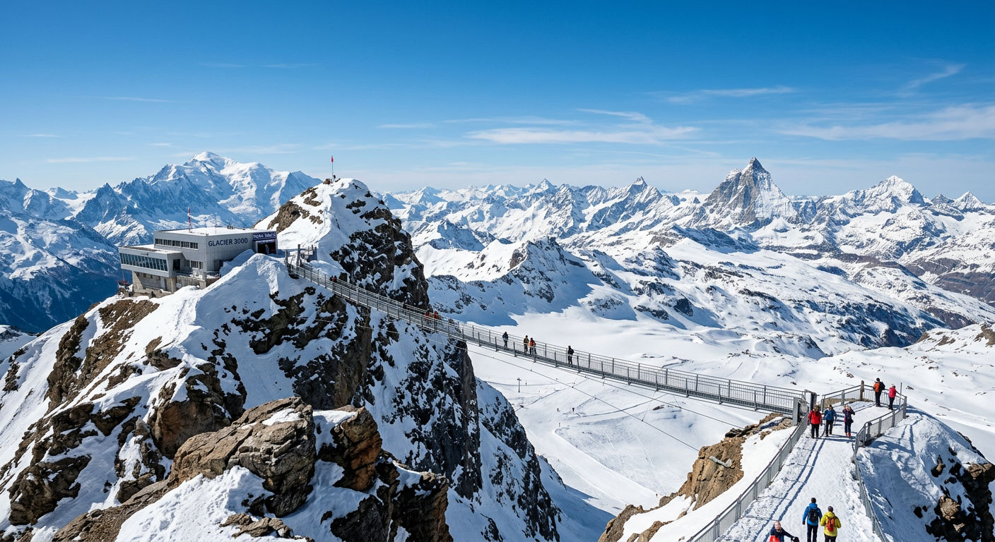 Glacier 3000 summit station with high-altitude glacial terrain and distant alpine peaks