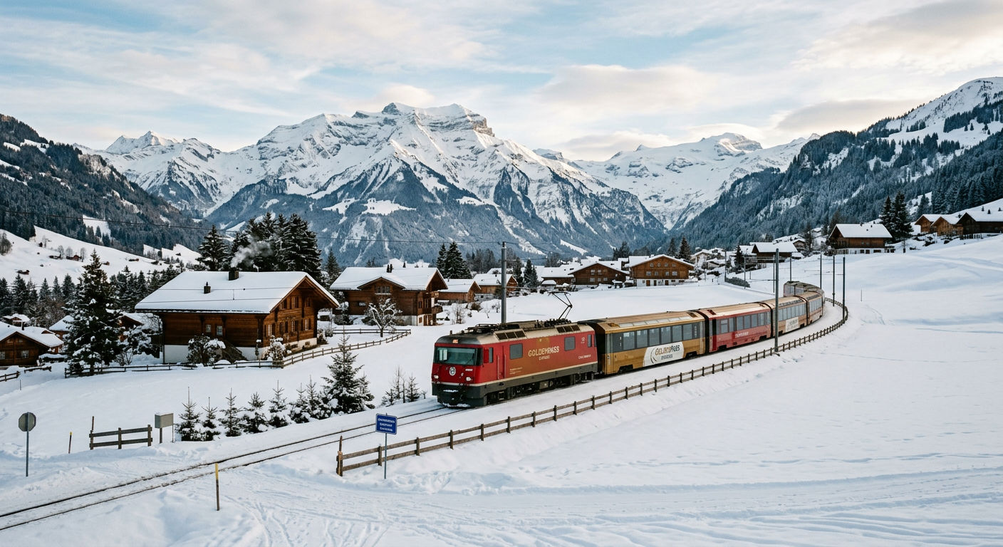 GoldenPass Express train traveling through snowy Swiss countryside near Gstaad