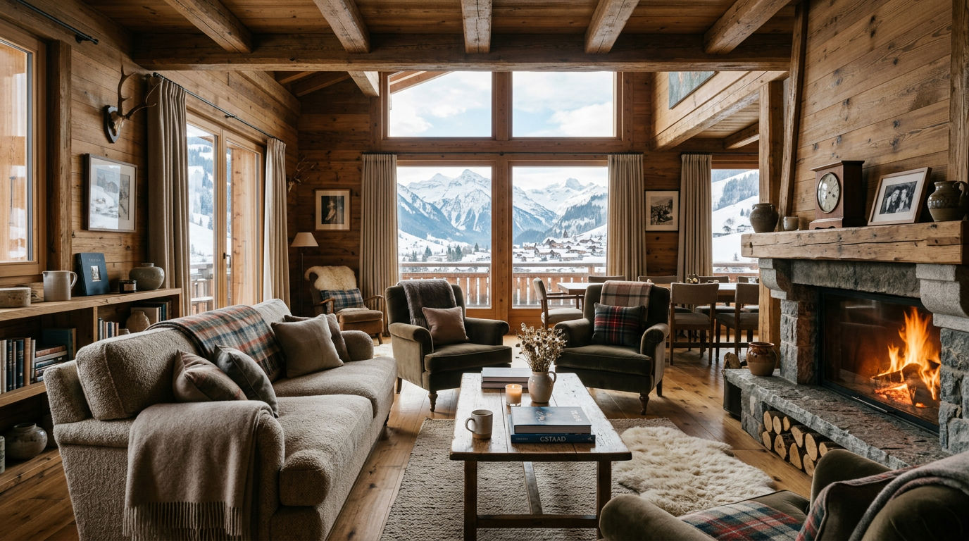 Refined Swiss chalet interior with warm wood paneling, mountain views, and contemporary alpine design