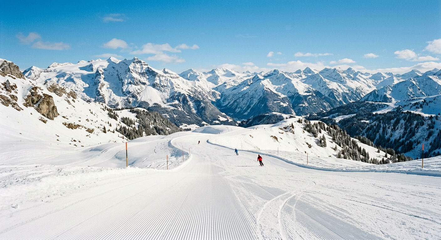 Groomed ski piste in the Bernese Oberland above Gstaad with panoramic alpine views