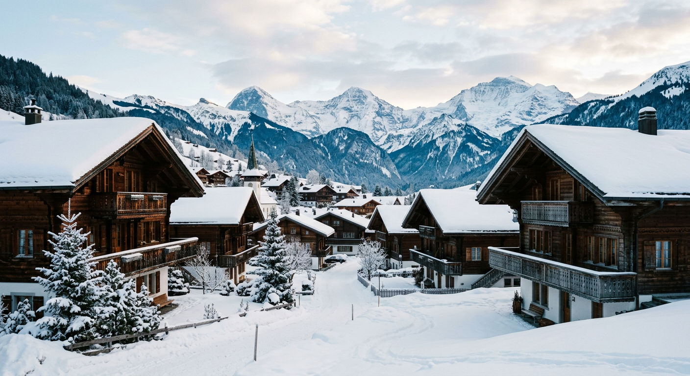 Snow-covered Gstaad village with traditional wooden chalets and the Bernese Alps rising behind
