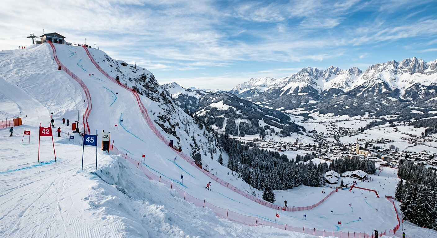 The Hahnenkamm ski slope in Kitzbühel with steep groomed piste descending through alpine terrain