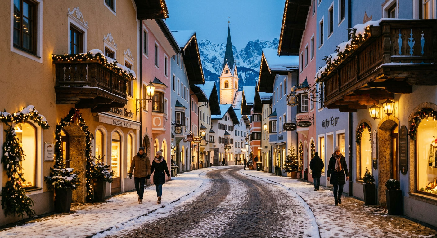 Charming medieval cobblestone street in Kitzbühel at dusk with warm glowing shopfronts and pastel facades