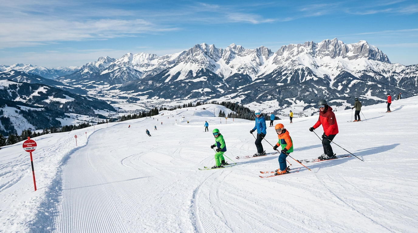 Wide groomed ski piste on the Kitzbüheler Horn with skiers and panoramic views of the Wilder Kaiser range
