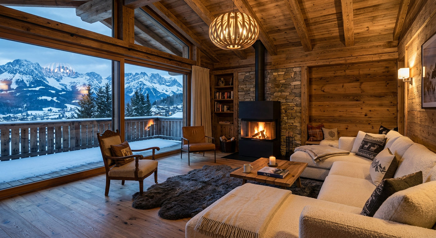 Interior of a luxury Tyrolean chalet in Kitzbühel with warm wood paneling, modern fireplace, and mountain views