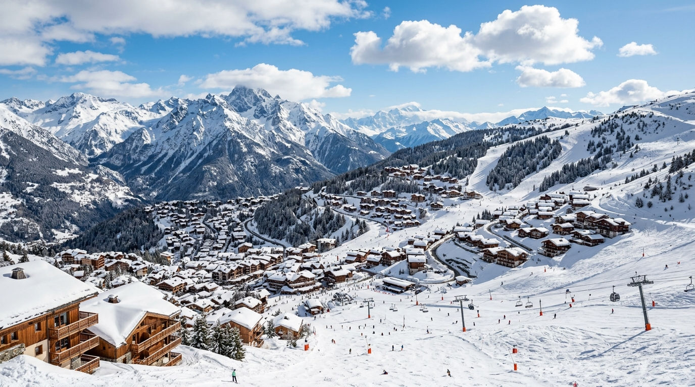 Panoramic view of an Alpine ski resort with snow-covered chalets and ski runs