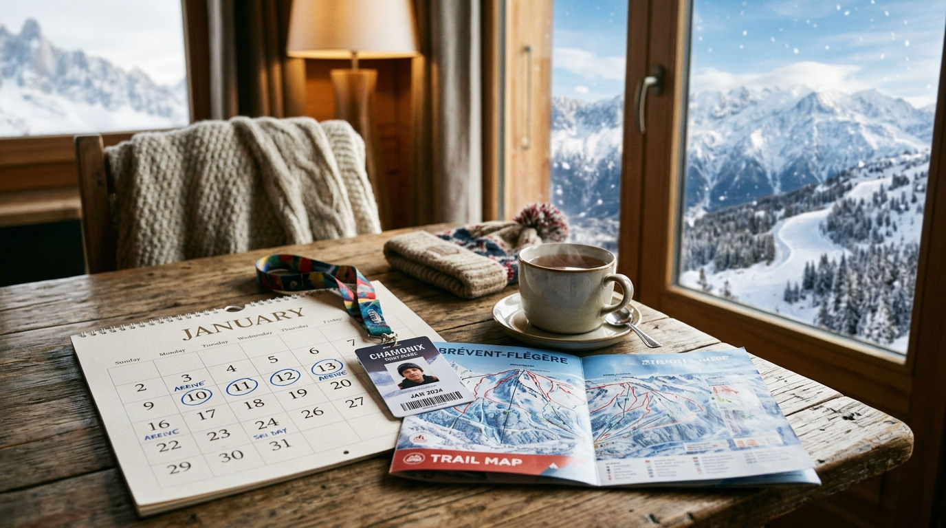 Planning a ski trip calendar with trail map on a wooden chalet table
