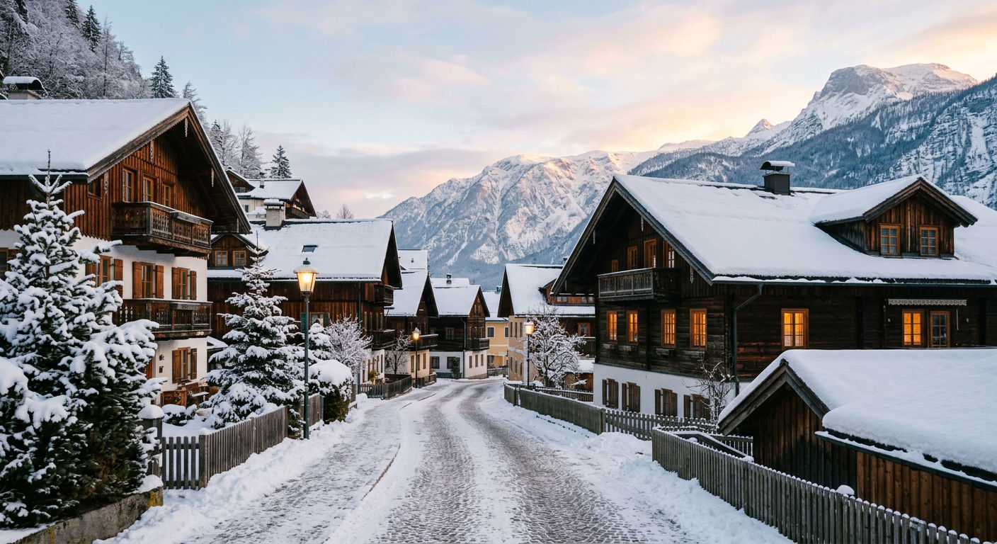 Fresh powder morning in a quiet Alpine resort village