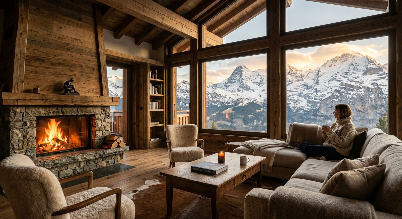 Luxury Alpine chalet interior with floor-to-ceiling mountain views and fireplace
