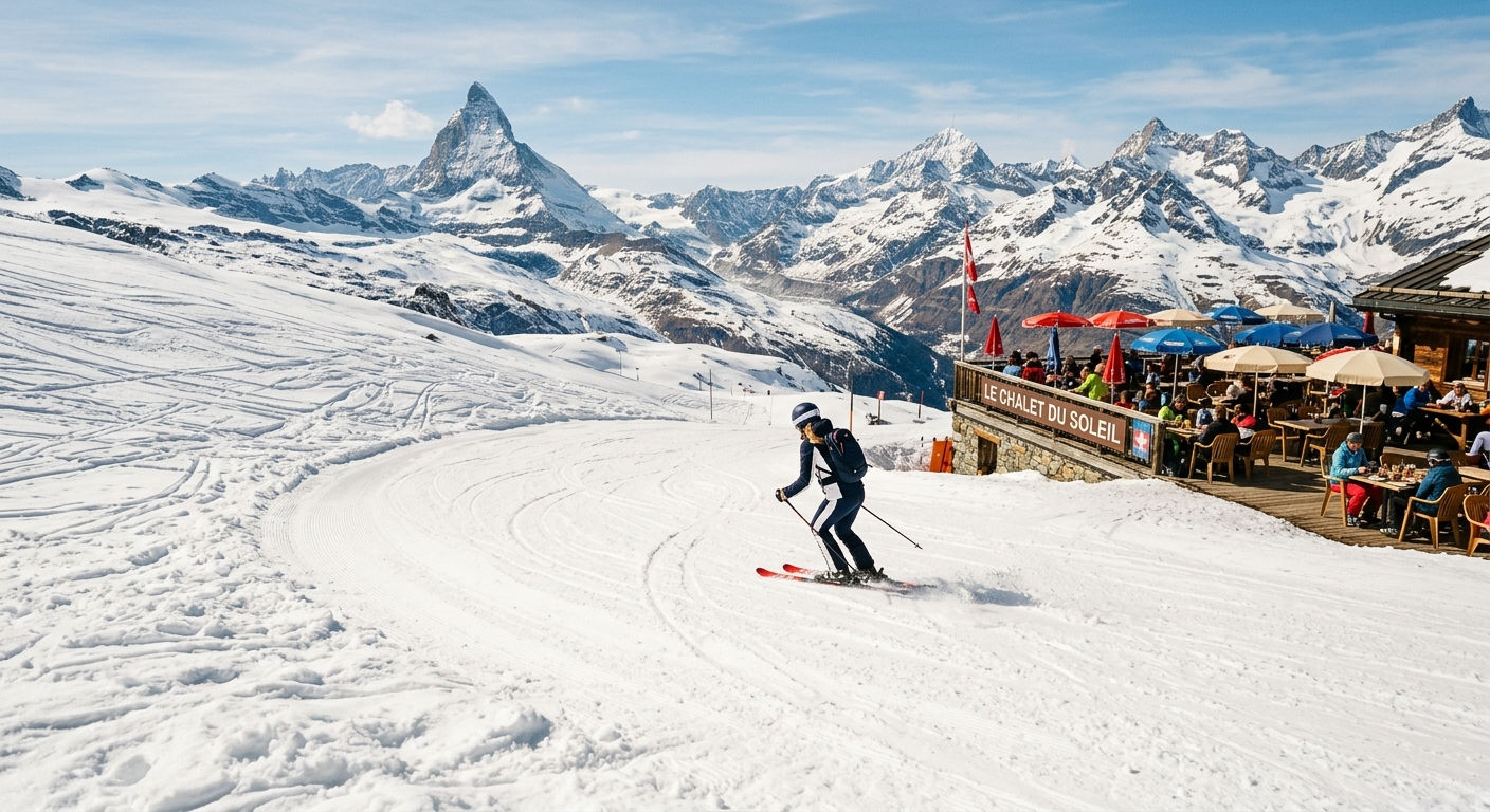 Spring skiing in the Alps with bright sunshine and mountain terrace