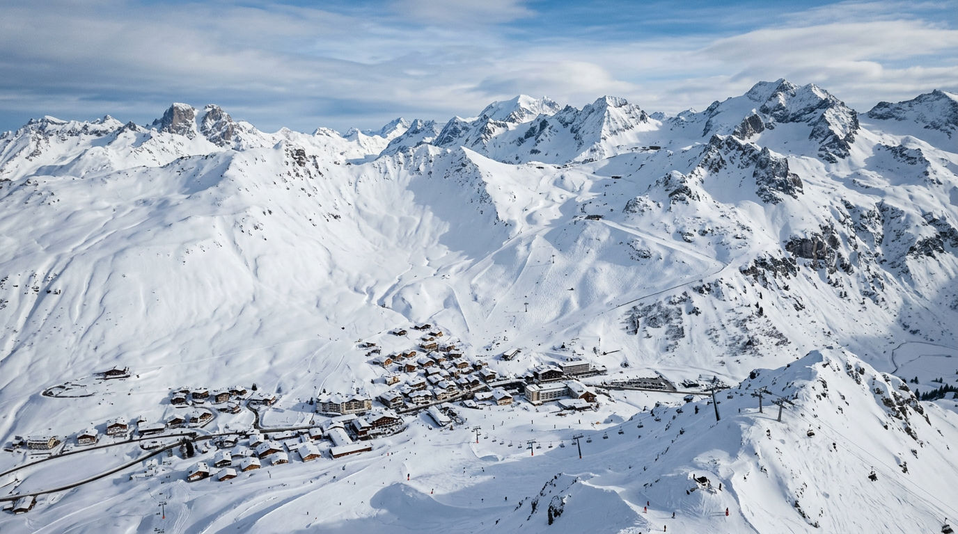 Dramatic mountain landscape of the Arlberg ski area with untouched powder fields and alpine terrain