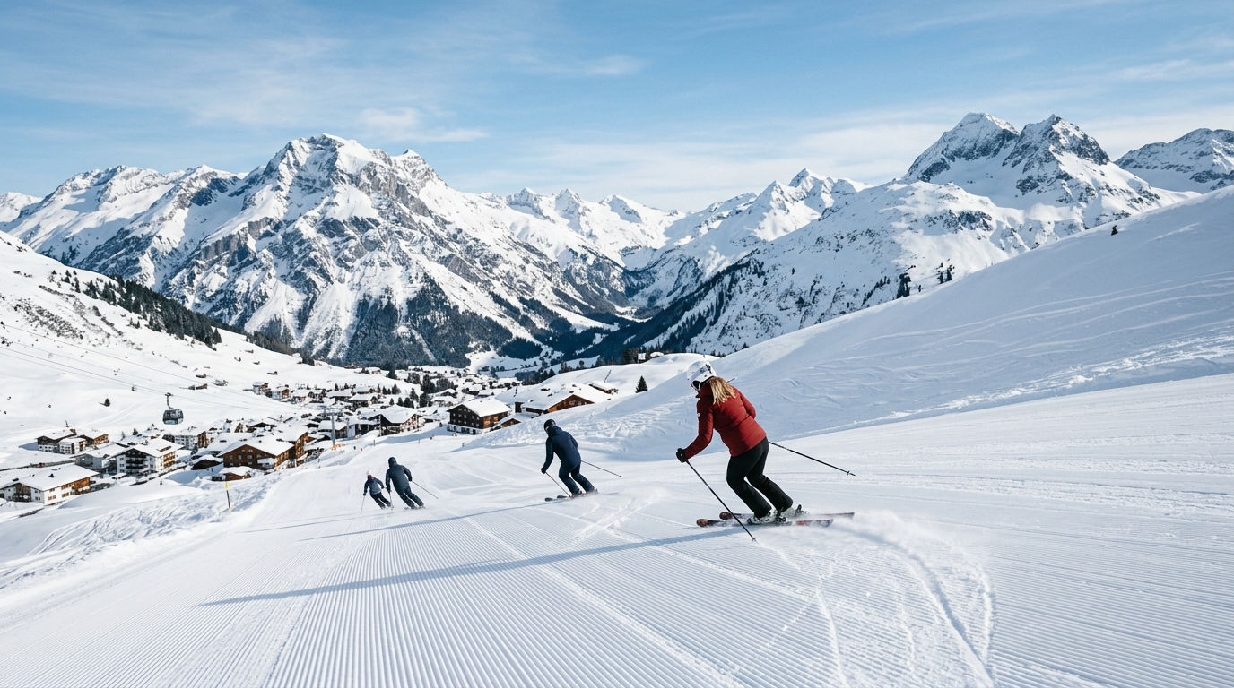 Wide groomed pistes above Oberlech with panoramic views of the Austrian Alps on a clear winter day