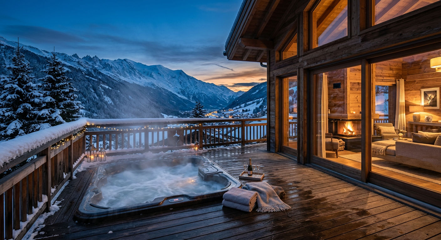 Steaming outdoor hot tub on a wooden chalet terrace at dusk with mountain views