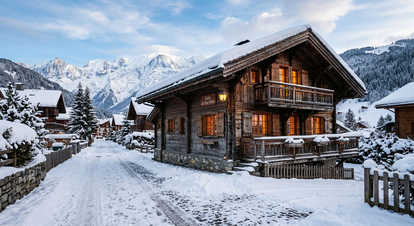 Traditional wooden chalet in Les Gets village with snow-covered mountains in the background