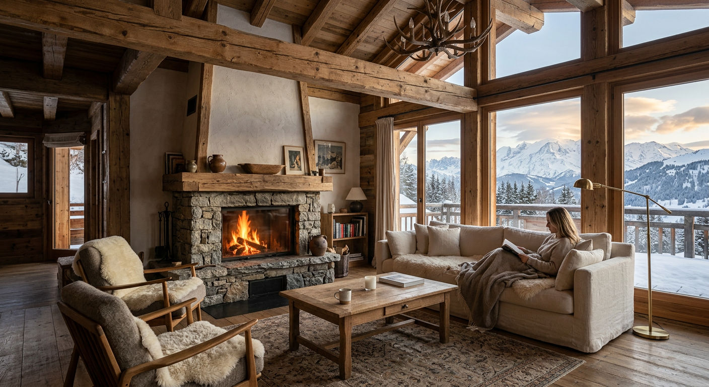 Luxury alpine living room with exposed timber beams, stone fireplace, and mountain views through floor-to-ceiling windows