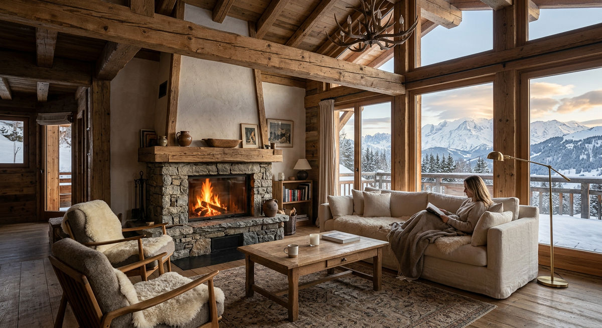Luxury alpine living room with exposed timber beams, stone fireplace, and mountain views through floor-to-ceiling windows