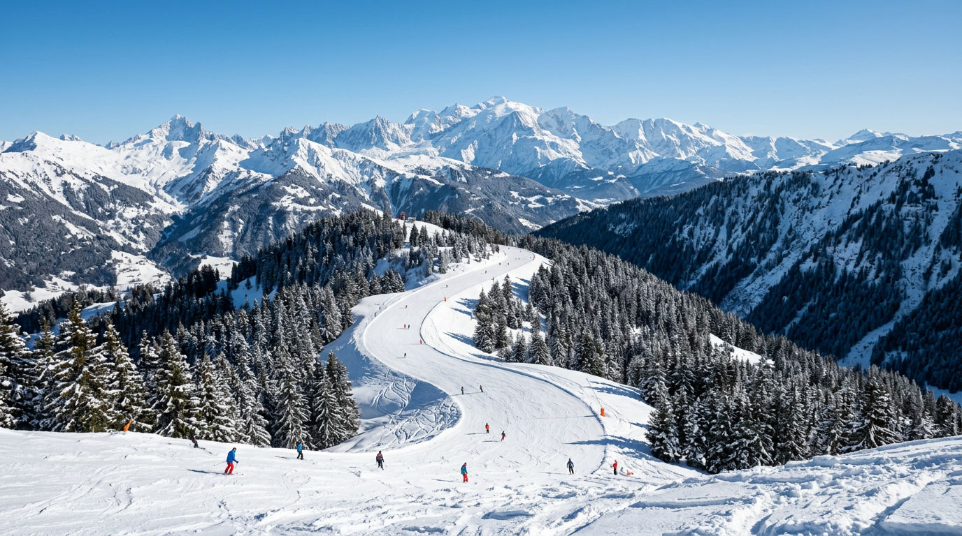 Groomed ski piste winding through snow-covered fir trees in the Portes du Soleil ski area
