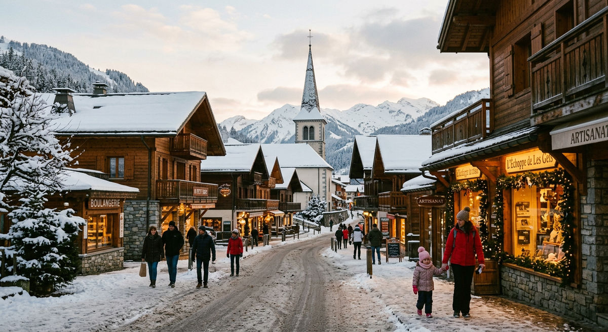 Les Gets village centre in winter with timber chalets, church spire, and families walking in snow